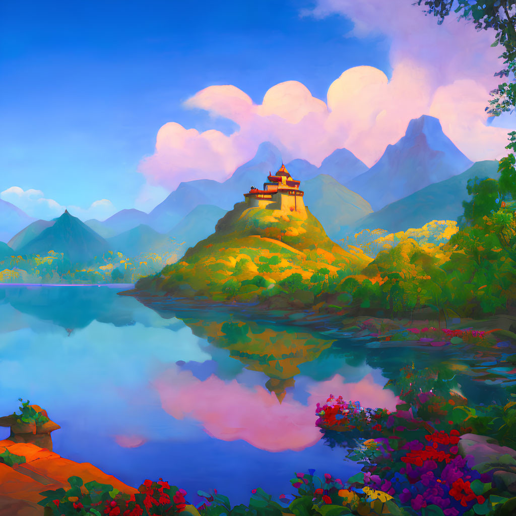 Serene lake with hilltop temple in vibrant landscape