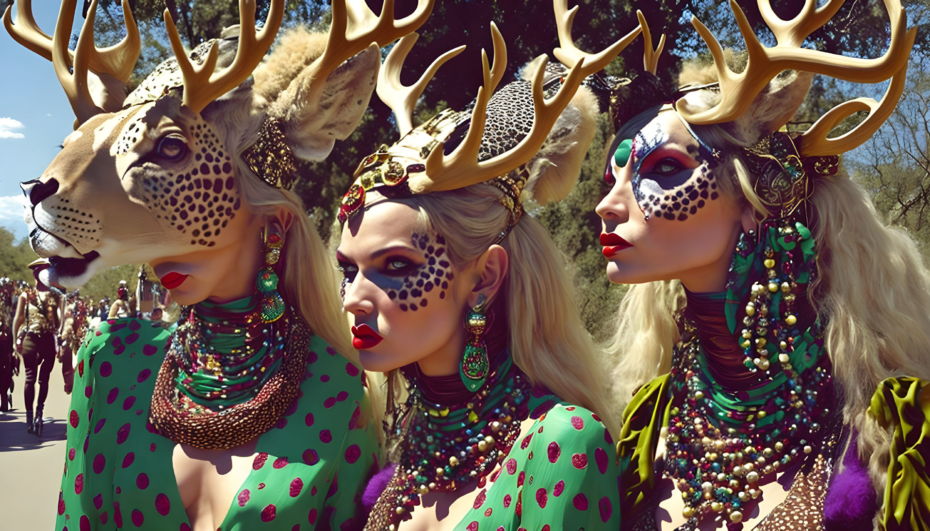 Three individuals in deer-themed makeup and antlers in green outfits with polka dots and intricate jewelry depicted