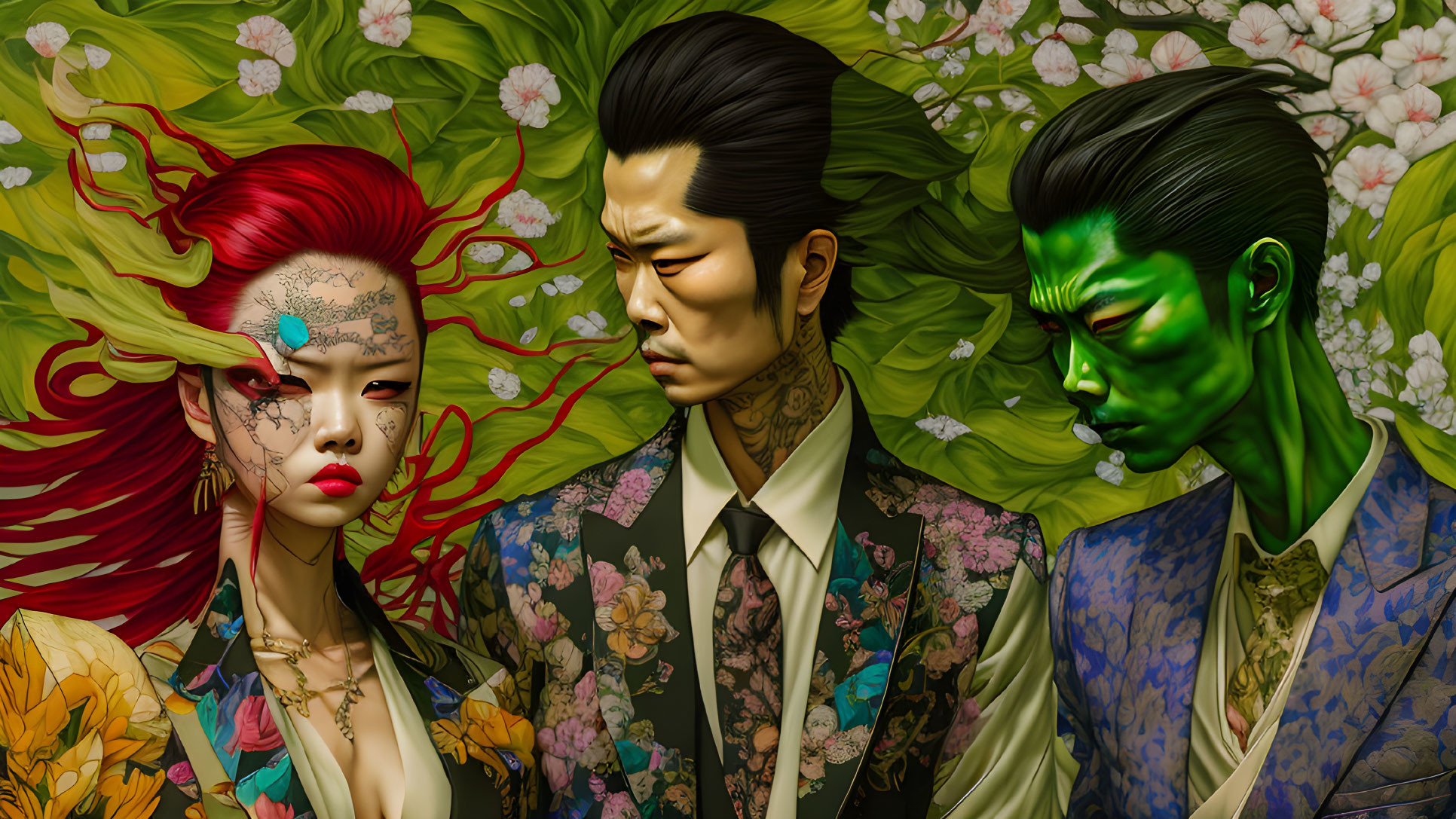 Three stylized characters: woman with red hair and tattoos, solemn man, and green-hued man