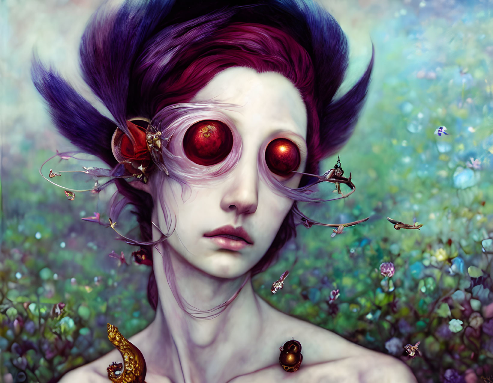 Vibrant purple hair and red eyes in surreal portrait with bees and floral meadow