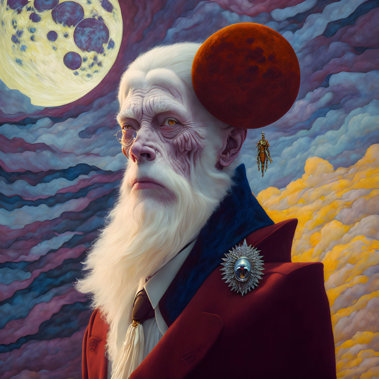 Elderly humanoid ape in red coat and tie under surreal sky with moon and tiny astronaut