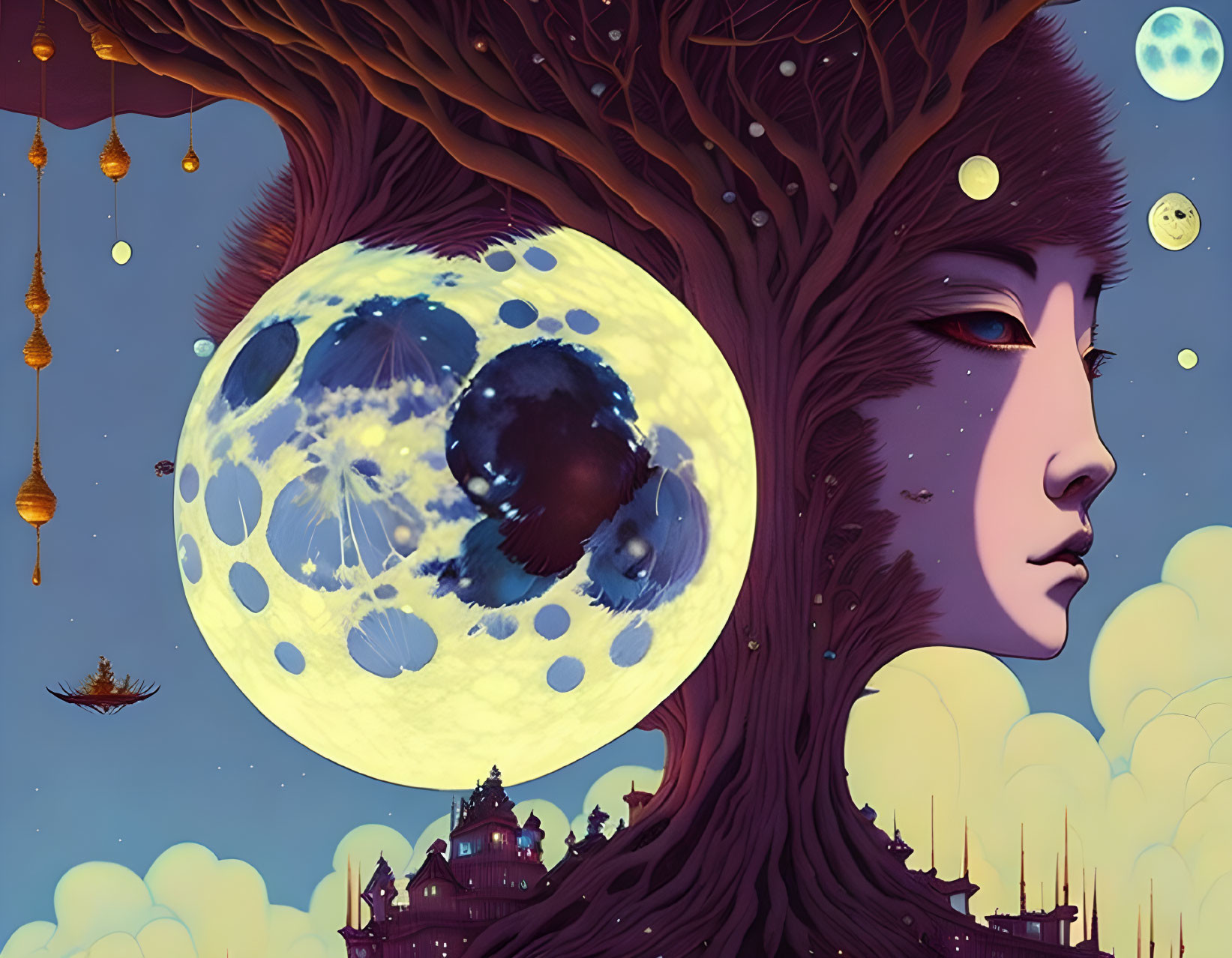 Surreal illustration of woman-shaped tree with moon brain and floating city