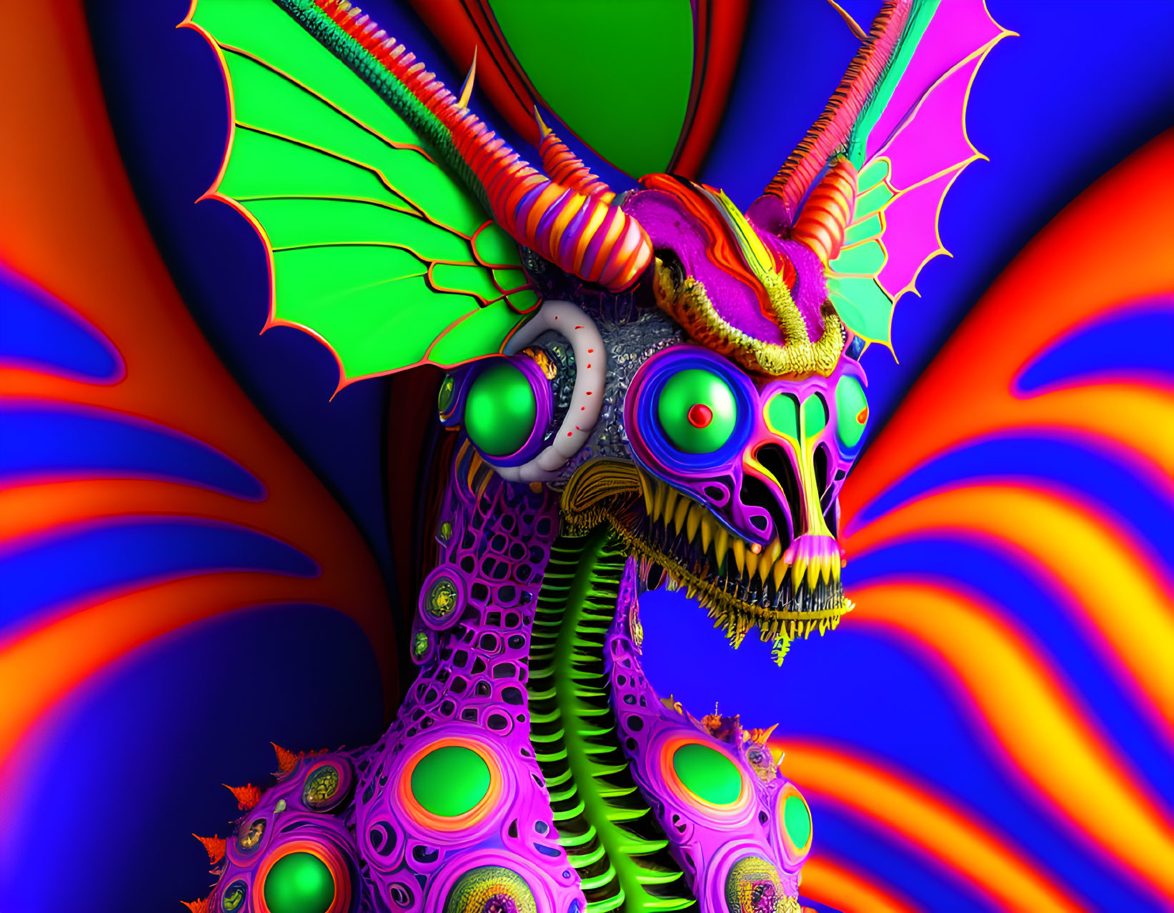 Colorful Dragon Artwork with Green Eyes and Orange Wings