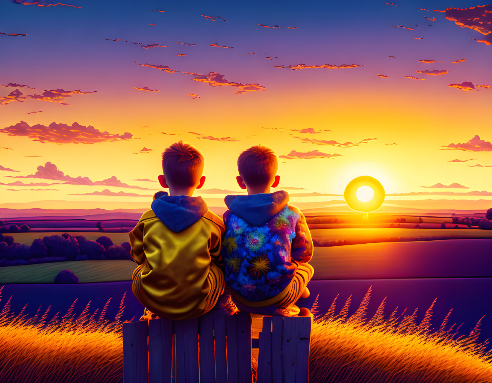 Children on fence watching sunset in field with flying birds.