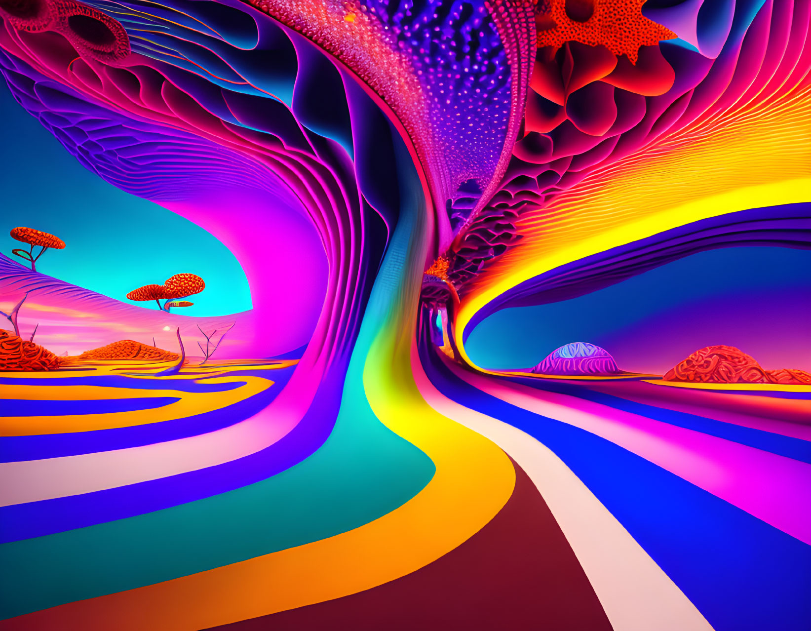 Colorful Psychedelic Landscape with Swirling Patterns and Fantastical Trees