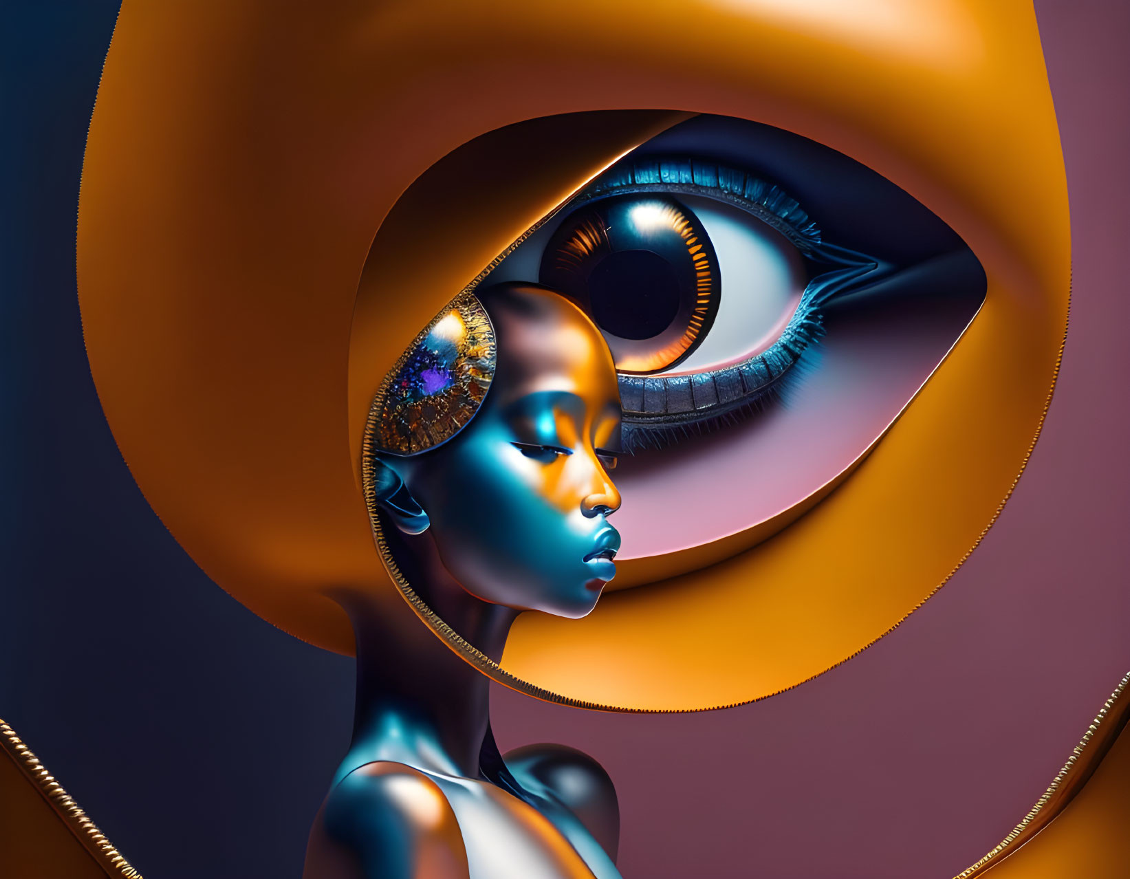 Surreal image of stylized female figure with blue skin and oversized eye headpiece