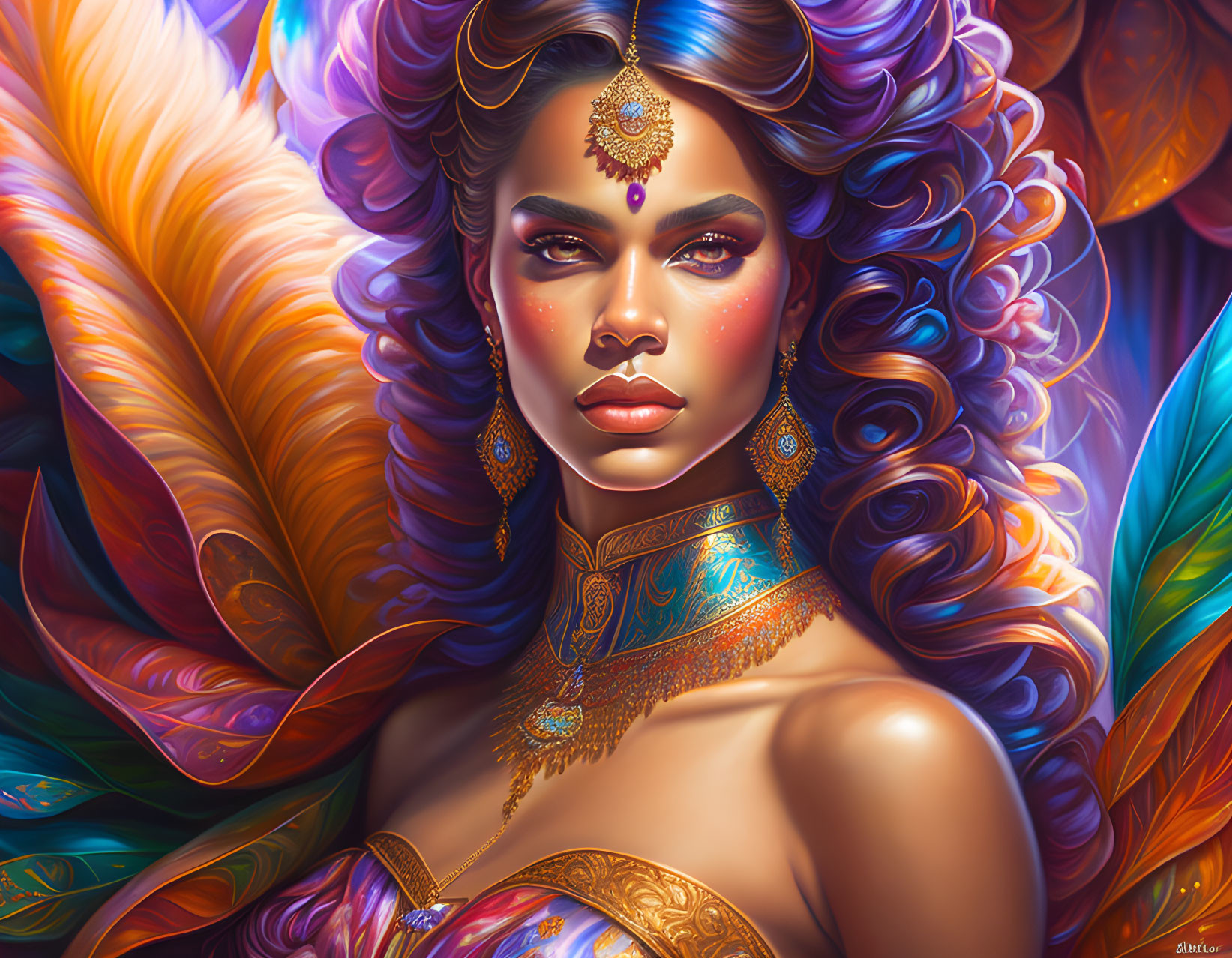 Detailed digital illustration: Woman adorned with golden jewelry, colorful feather-like designs, and curly hair.