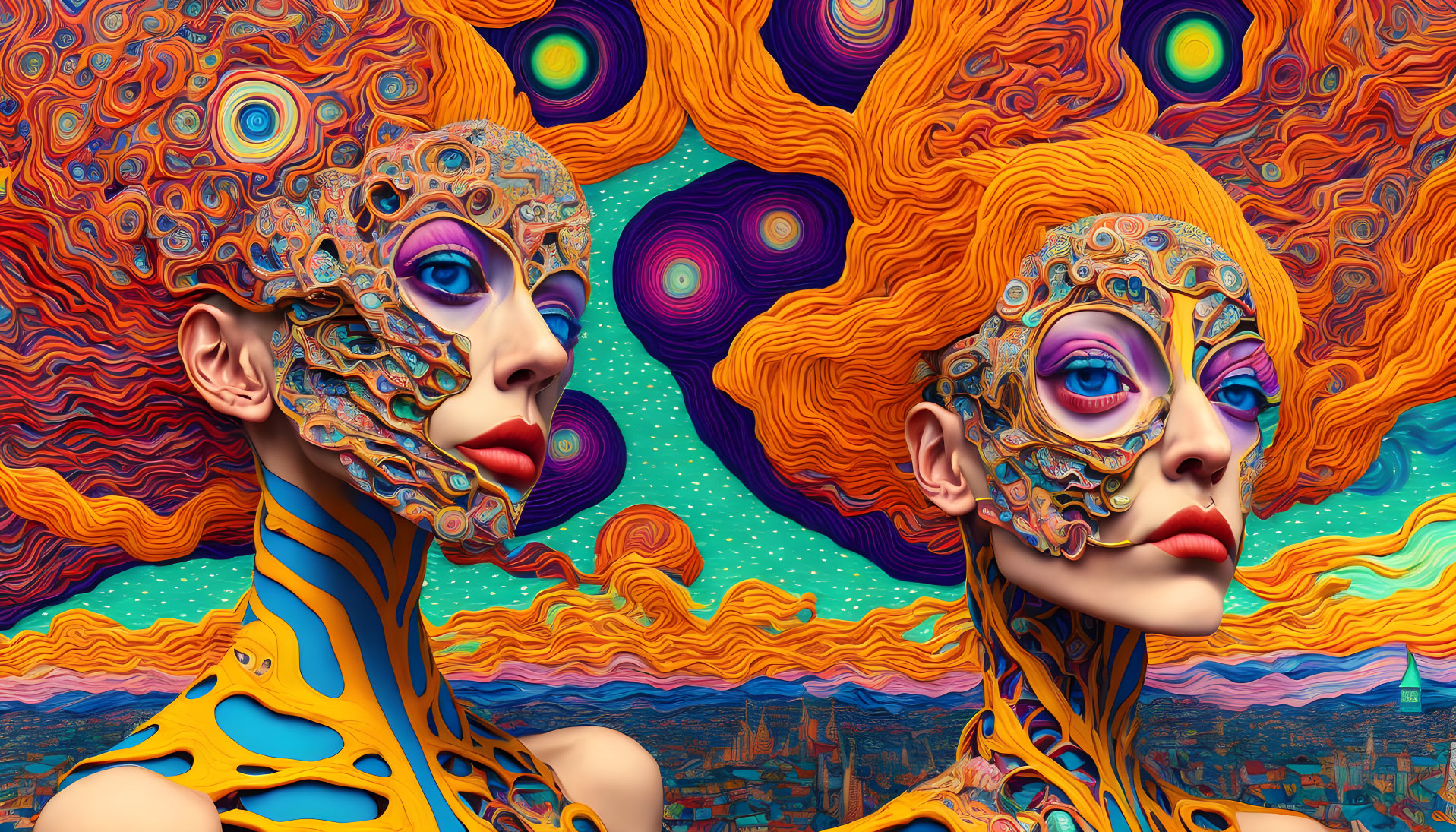 Surreal robotic female figures with colorful fractal patterns on swirling background