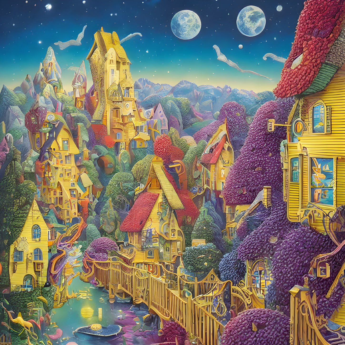 Colorful Whimsical Houses in Fantasy Village with Two Moons