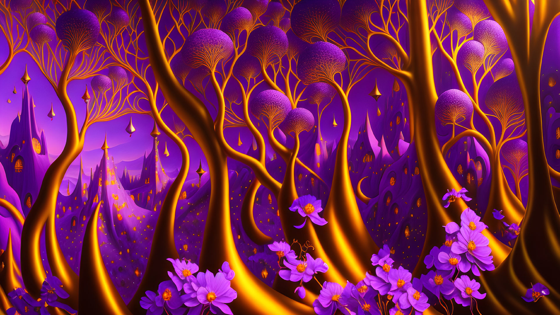 Vibrant Purple Fantasy Landscape with Stylized Trees and Castle