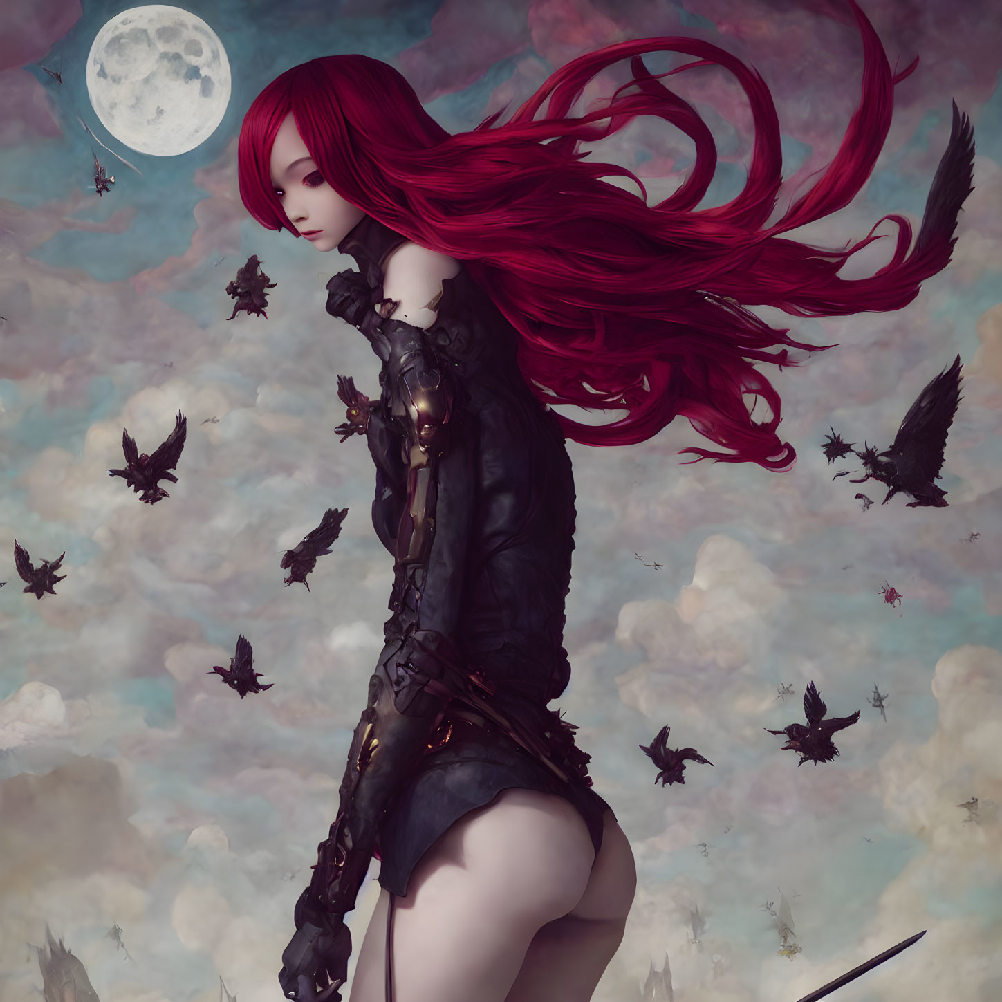 Fantasy Artwork: Woman with Red Hair in Dark Armor Under Moonlit Sky