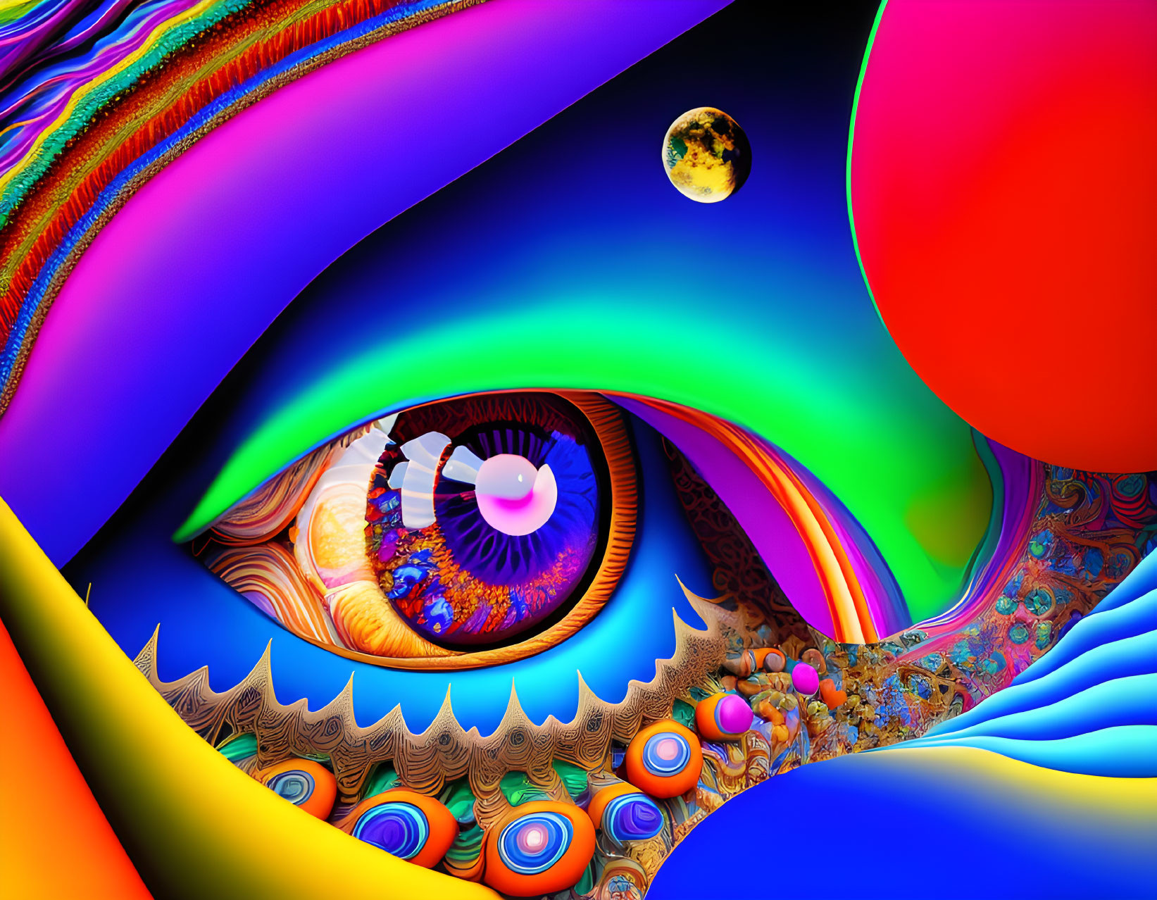 Colorful fractal art: eye center, psychedelic patterns, planet backdrop