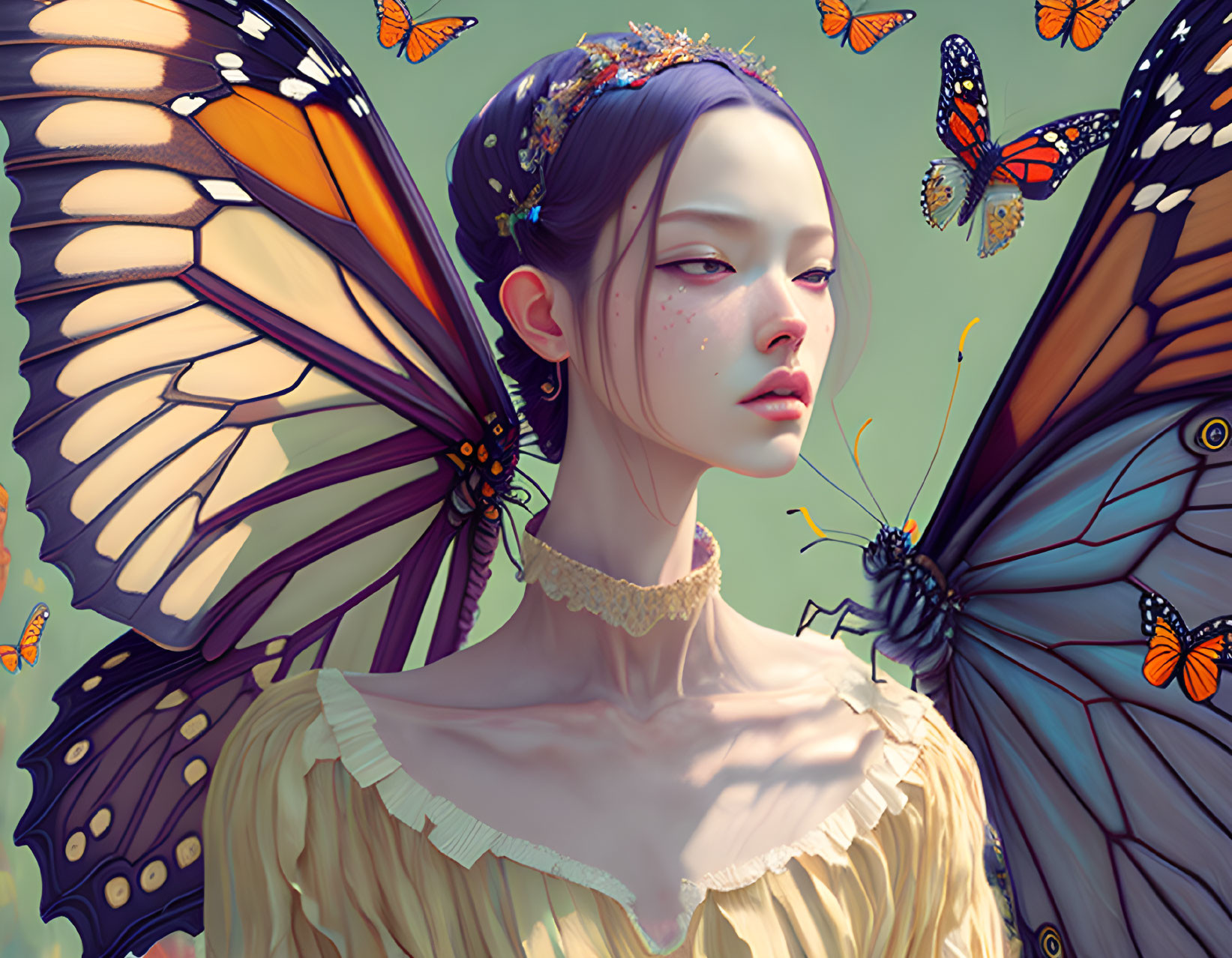 Illustrated woman with butterfly wings and surrounding insects in mystical setting