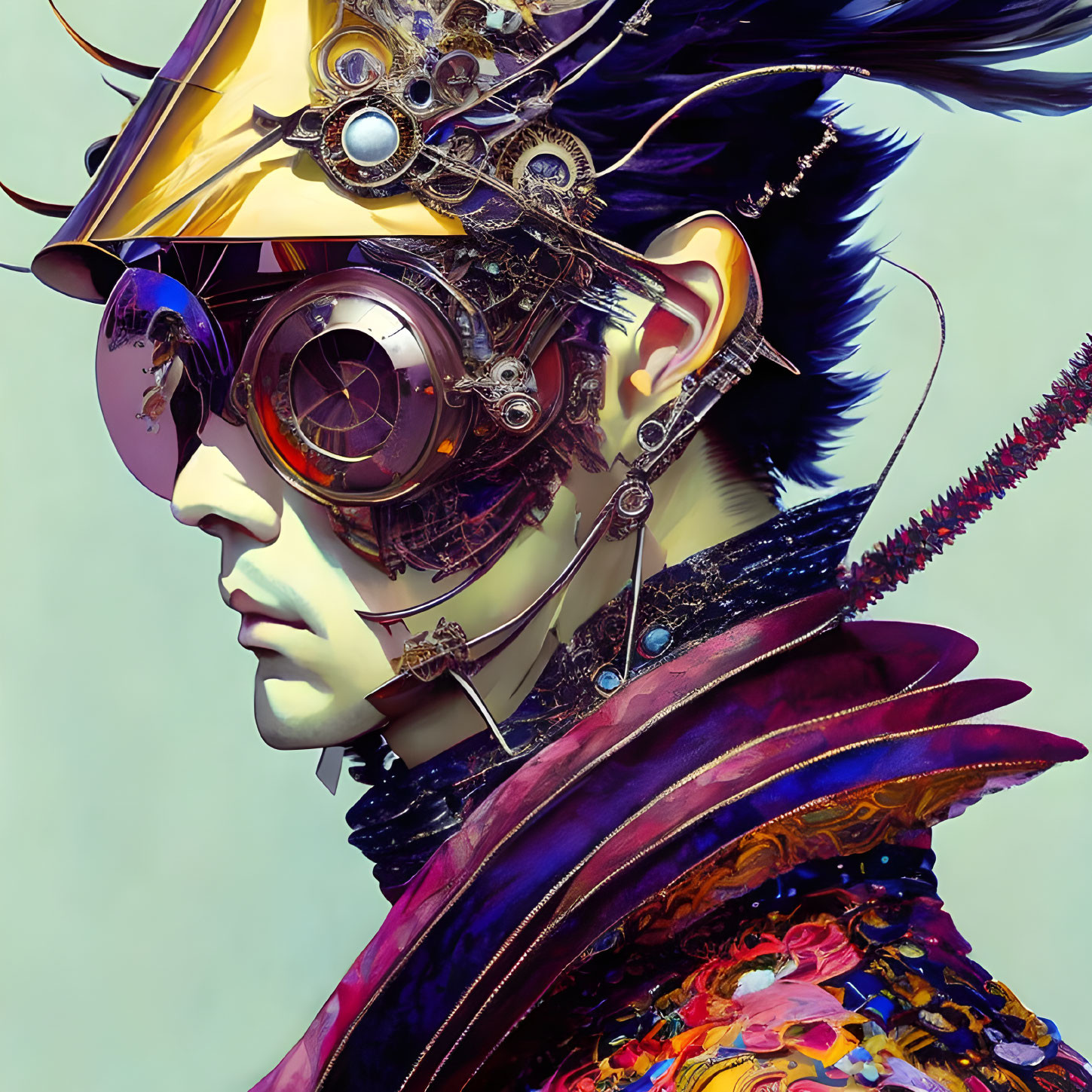 Stylized portrait of a person with steampunk goggles and ornate mechanical details