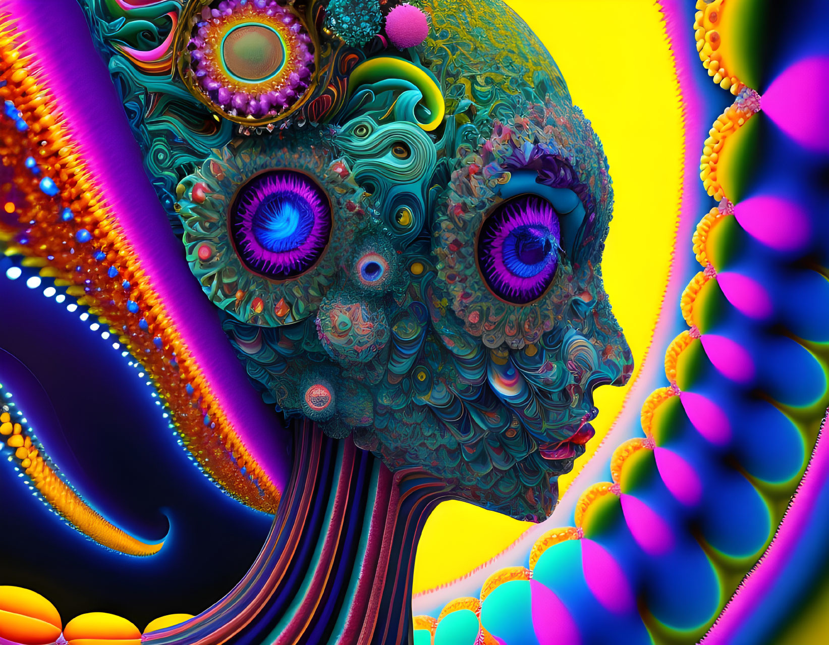 Colorful Psychedelic Digital Artwork: Human Head Profile with Fractal Patterns