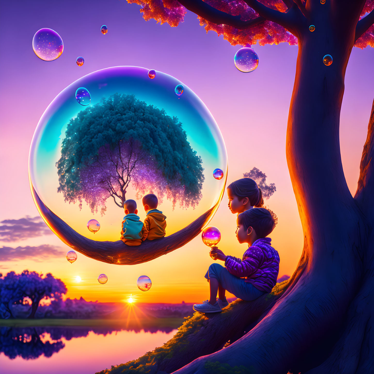 Children mesmerized by colorful bubbles at sunset near tranquil lake