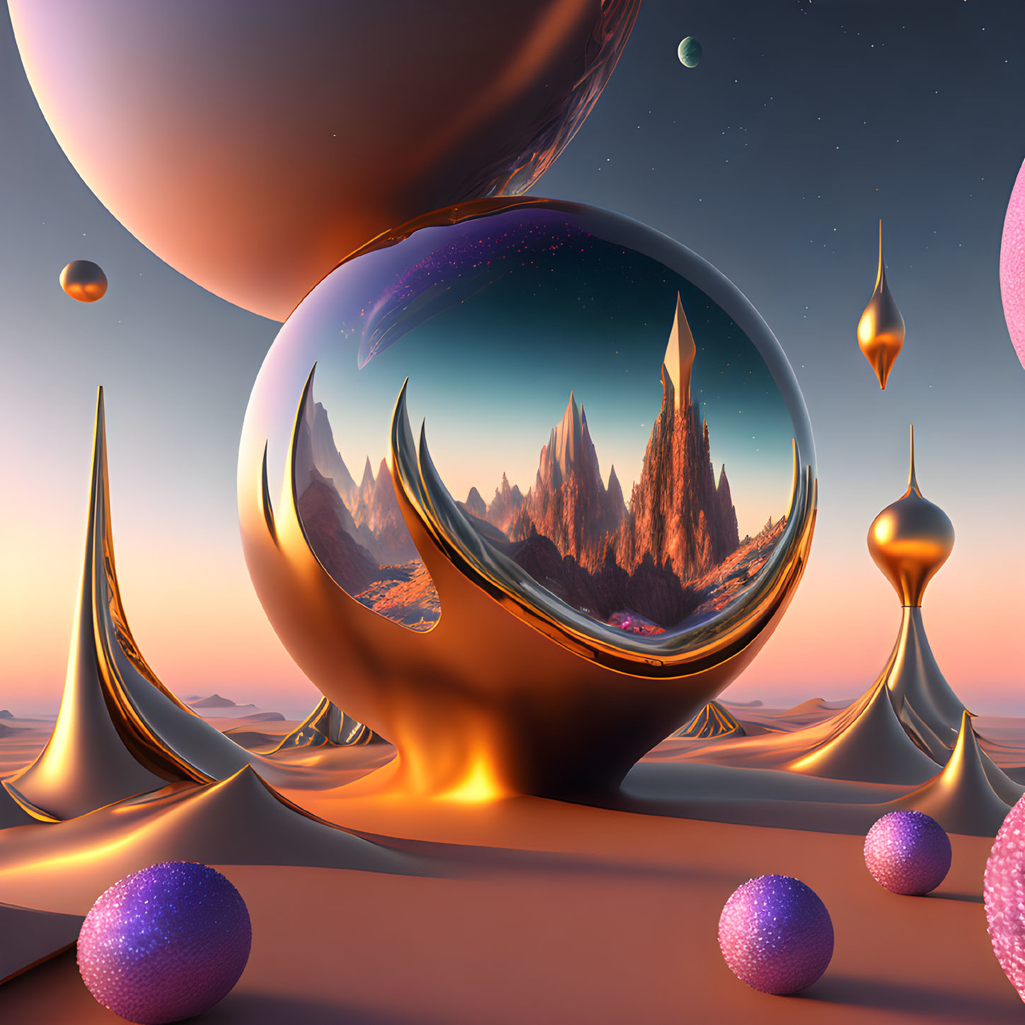 Surreal landscape with reflective spheres, spiky structures, and mountain vista in large orb at