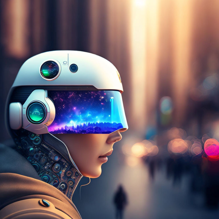 Futuristic helmet with cosmic scene visor on person in urban setting