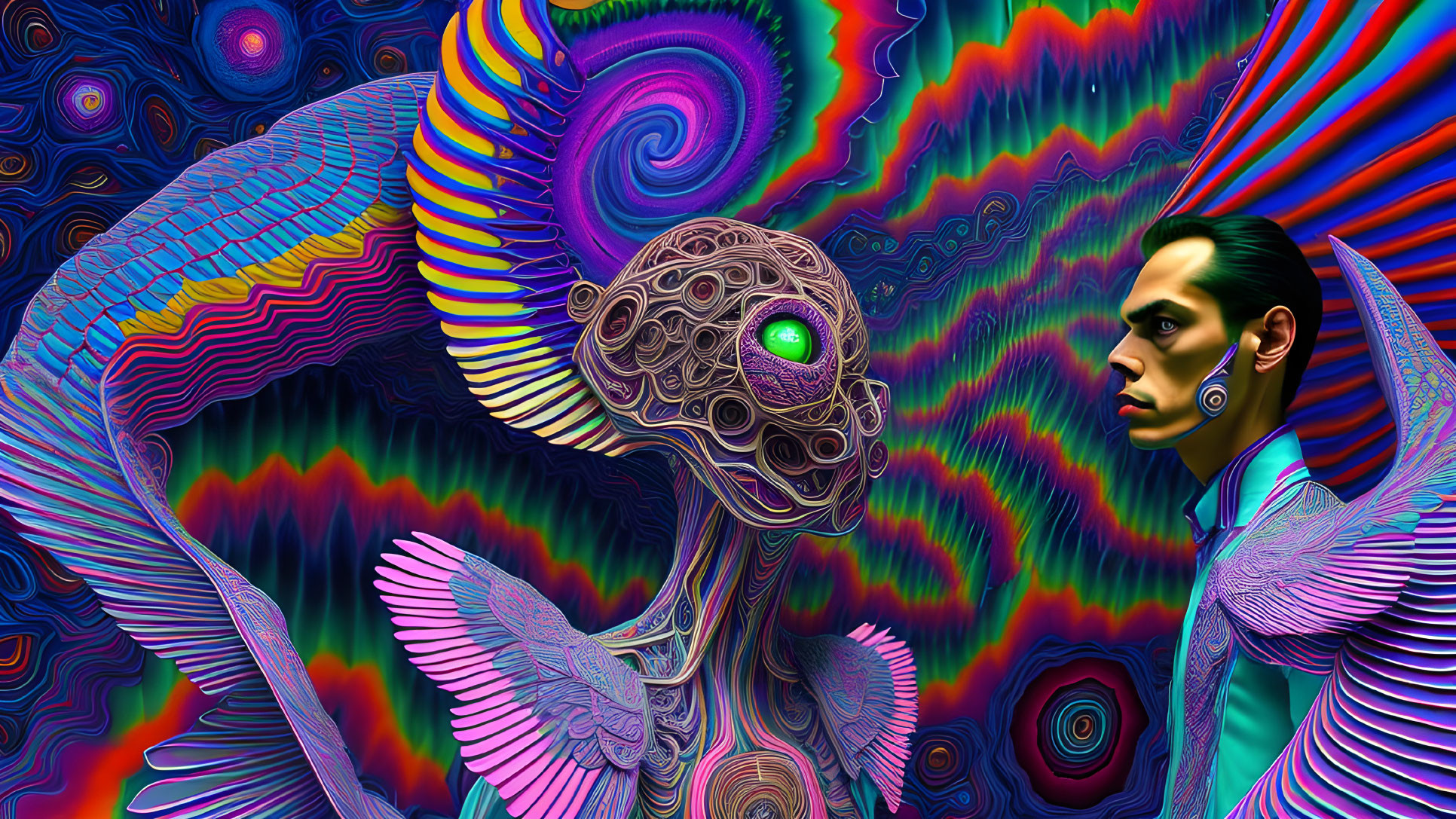 Colorful digital artwork: person with wing-like structures and surreal alien entity on psychedelic background