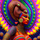 Colorful digital art: Woman with peacock feather hair and jewelry on psychedelic backdrop