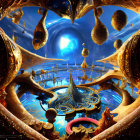 Surreal landscape with golden structures and blue luminescent sphere