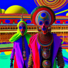 Vibrant surreal figures in colorful attire on psychedelic background