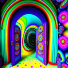 Colorful psychedelic open door tunnel with swirling patterns