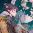 Anime-style characters with elaborate hairstyles and clothing under a whimsical night sky