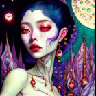 Woman with Green Skin and Red Eyes in Cosmic Setting