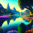 Fantasy landscape with reflective lake, colorful flora, majestic trees, and surreal sky