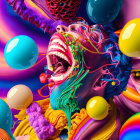Colorful 3D Artwork: Laughing Faces with Swirling Hair & Glossy Spheres