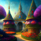 Fantastical landscape with mushroom-like towers in lush gardens