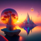 Surreal landscape with tree structure, crystal castle, floating spheres, and sunset.