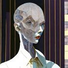 Detailed humanoid robot with translucent cranial structure and intricate wiring on neck, set against geometric backdrop