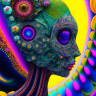 Colorful Psychedelic Digital Artwork: Human Head Profile with Fractal Patterns