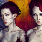 Ethereal women with porcelain skin and red hair in warm-colored swirl.