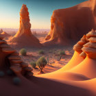 Surreal desert landscape with orange dunes and futuristic structures