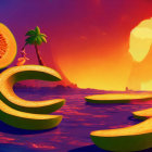 Sliced watermelon boats on purple sea with banana palm trees