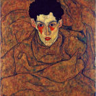 Person with pale skin and red lips in expressionist style against textured background