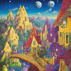 Colorful Whimsical Houses in Fantasy Village with Two Moons