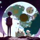 Surreal illustration: cosmic-headed figure, moon, celestial bodies, distant planet castle