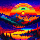 Colorful surreal landscape: large sunset, layered mountains, reflective lake, neon tree silhouettes