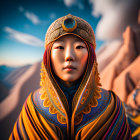 Portrait of person with East Asian features in blue and orange garment against desert backdrop at sunrise/sunset.