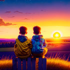 Children on fence watching sunset in field with flying birds.