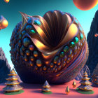 Fractal Landscape with Metallic Nautilus Shell and Christmas Trees