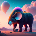 Giant bear-like creature with headphones and child under dreamy sky