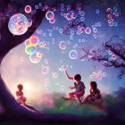 Children sitting on tree branch at sunset with iridescent bubbles and soft-focus rainbow