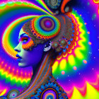 Blue-skinned woman with psychedelic fractal design in digital artwork