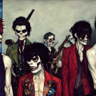 Colorful Punk Band Zombies Pose with Instruments on Grey Background