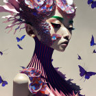 Stylized digital portrait of a woman with butterflies and intricate patterns